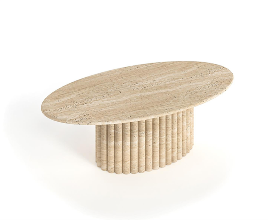 Olea Oval Travertine Coffee Table – Wide Cylinder Base